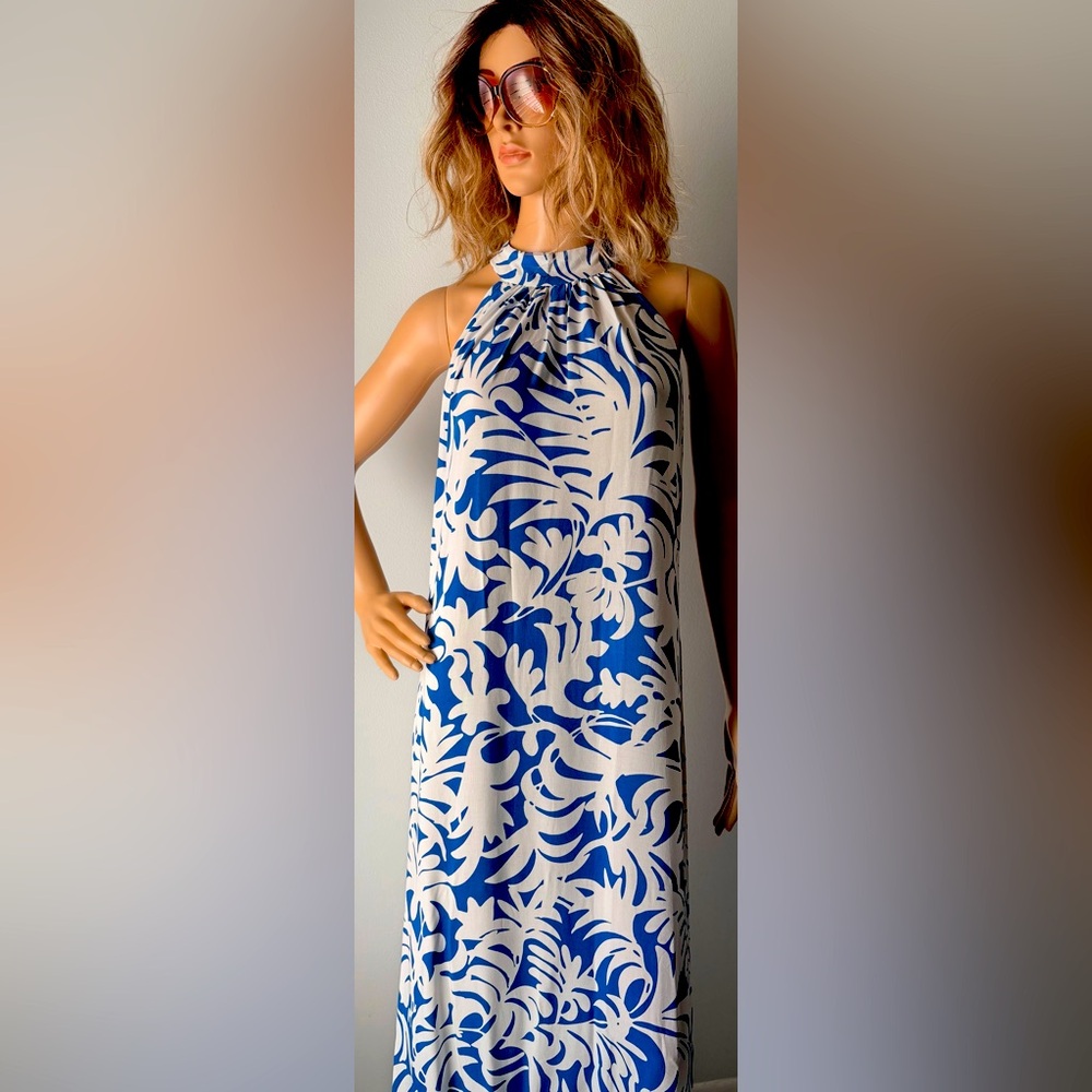 NWT MSK Blue & White Floral Maxi Dress slits on each side, ties on the neck Sz S - Picture 2 of 11